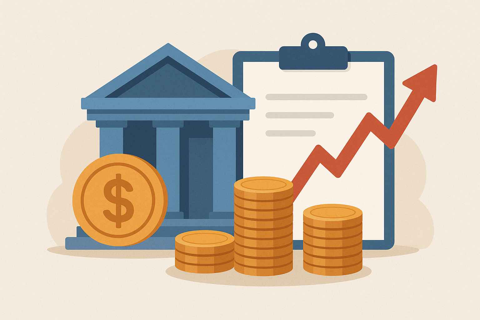 Ilustração de um banco com moedas e gráfico de juros subindo, simbolizando a dúvida “Banco pode aumentar os juros sozinho?”.