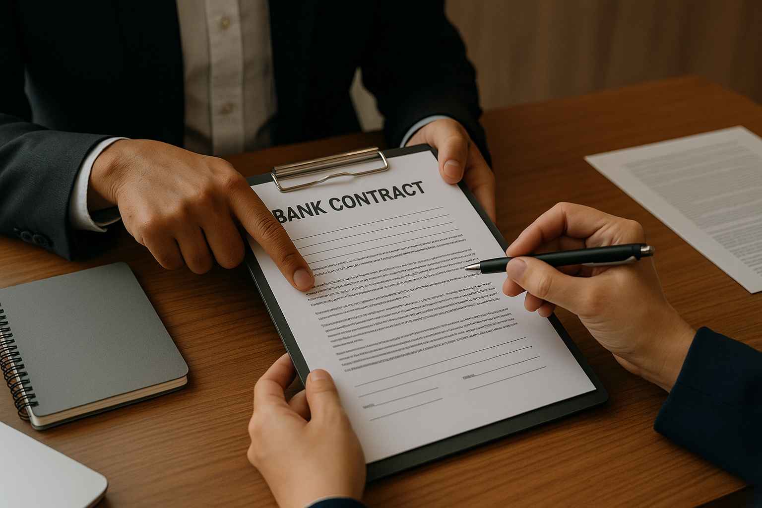 Duas pessoas analisando um contrato bancário em uma prancheta, representando o tema “Quando pedir revisão de contrato bancário”.