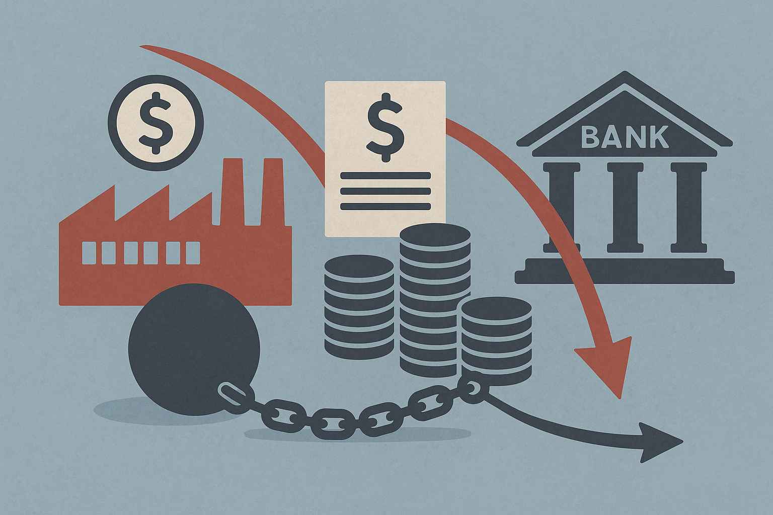 Ilustração de fábrica presa a uma bola de ferro, moedas, documento e seta descendente representando empresários endividados com bancos.