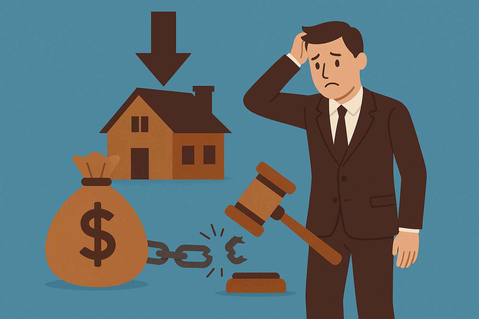 Ilustração de um empresário preocupado ao lado de uma casa, um martelo de juiz quebrando correntes e um saco de dinheiro, representando o risco de perda de bens pessoais por dívidas empresariais.