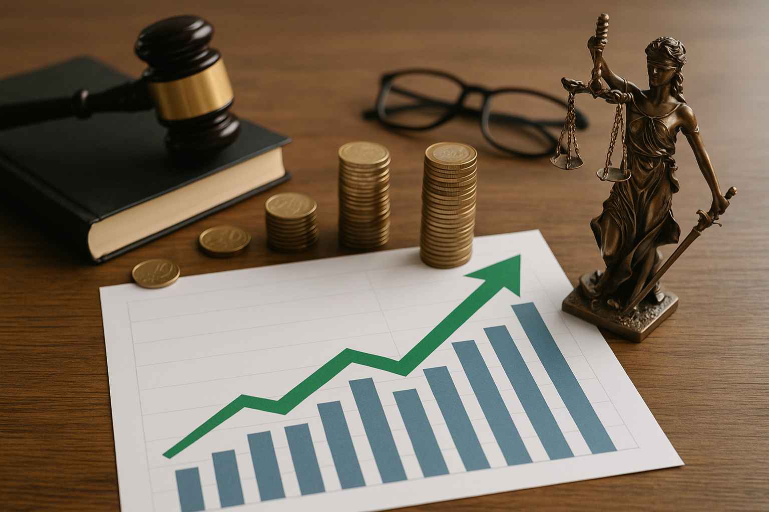 Documento com gráfico de crescimento ao lado de moedas empilhadas, martelo jurídico e estátua da justiça, representando a recuperação financeira de uma empresa.