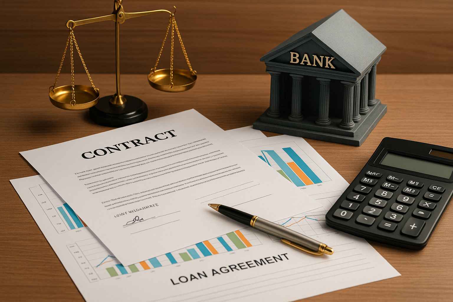 Documentos de contrato e acordo de empréstimo sobre a mesa, ao lado de balança da justiça, miniatura de banco, calculadora e caneta, simbolizando negociação bancária para empresas.