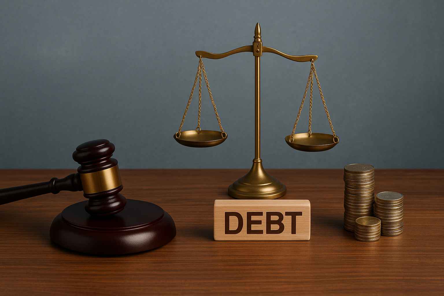 Martelo de juiz, balança da justiça e pilhas de moedas ao lado de um bloco com a palavra “DEBT”, representando ações para evitar processo por dívida.