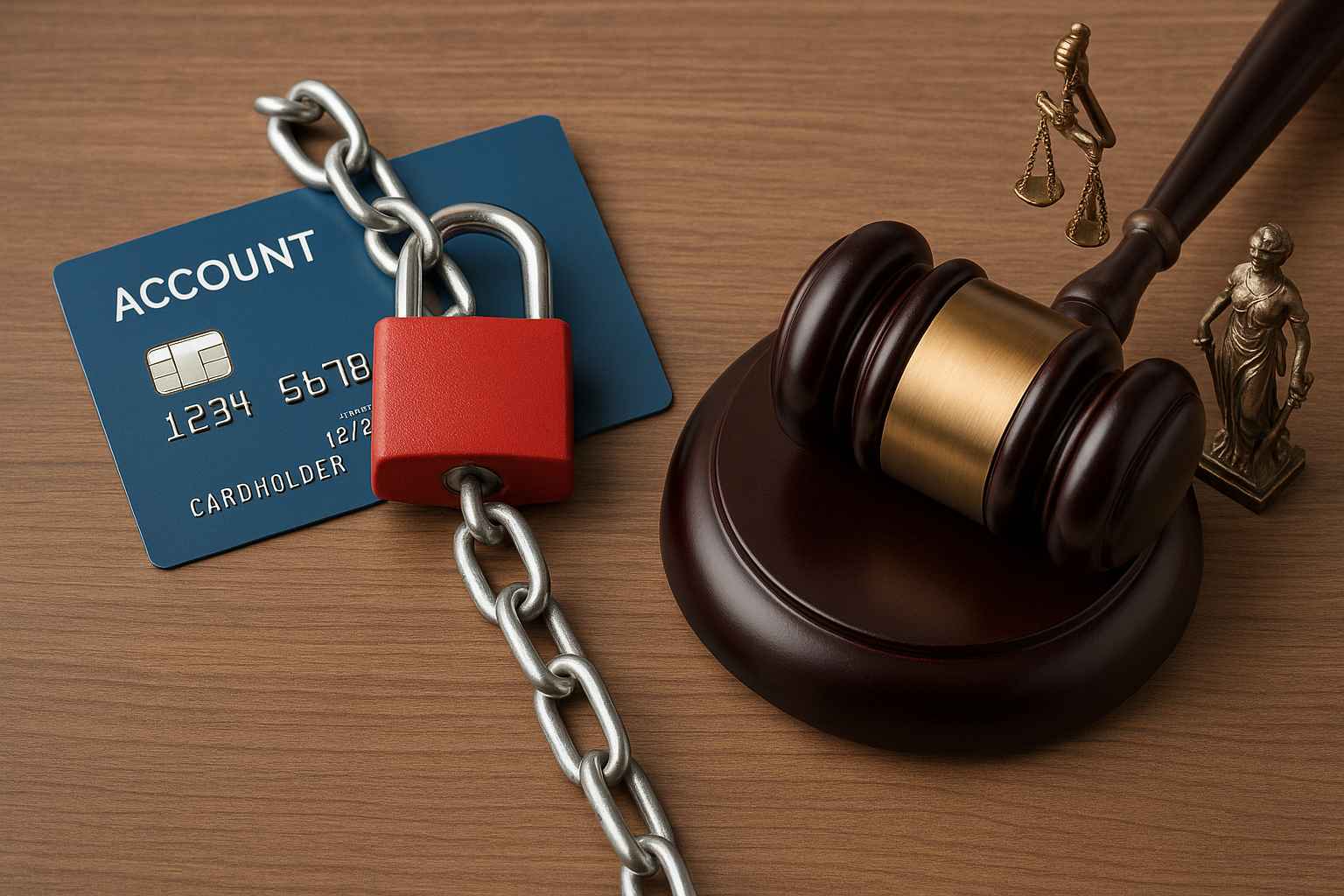 Cartão bloqueado por corrente e cadeado ao lado de um martelo de juiz e miniaturas da justiça, representando a suspensão de bloqueio judicial de conta.