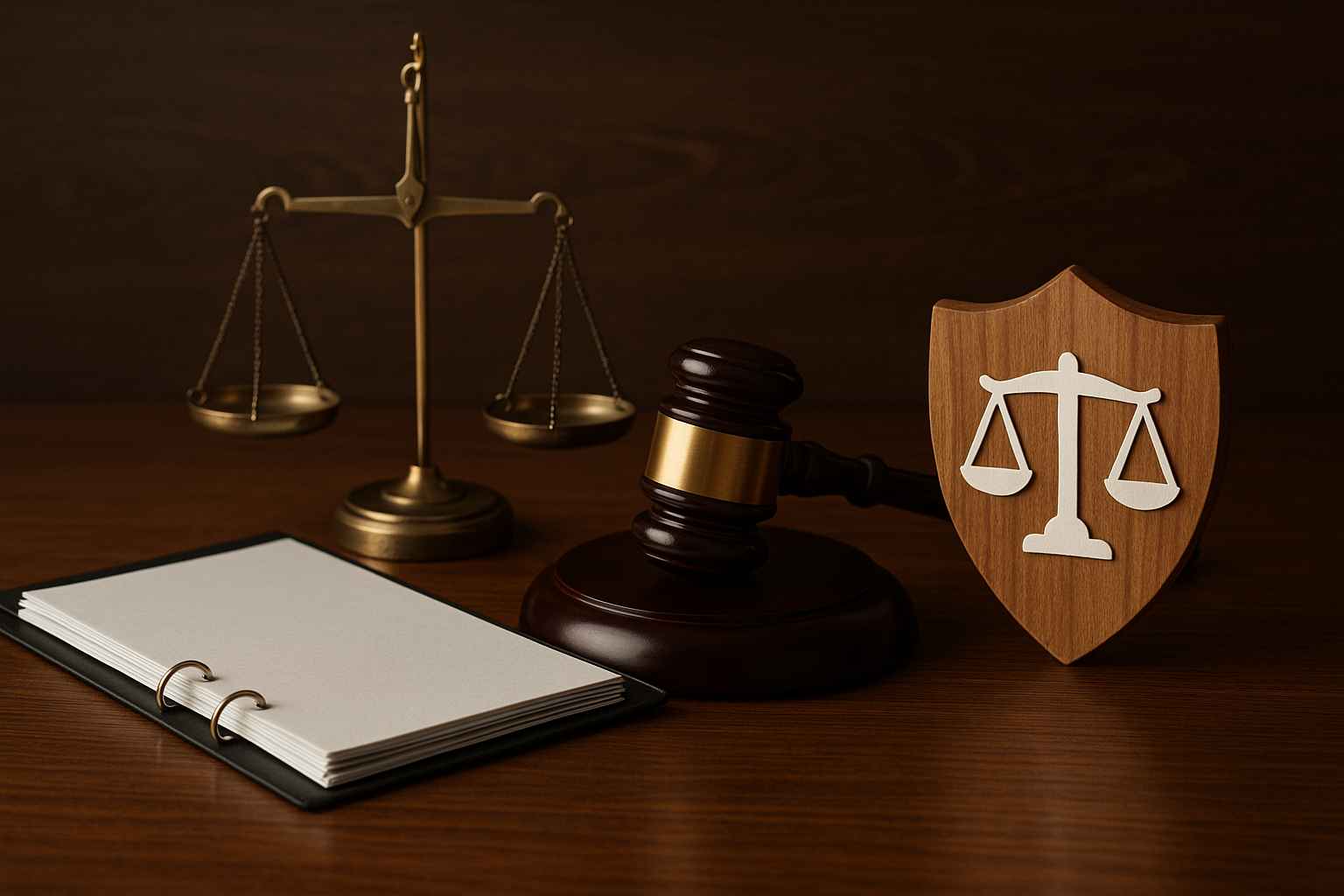 Martelo de juiz, balança da justiça, caderno jurídico e escudo com símbolo da justiça, representando defesa em execução bancária.