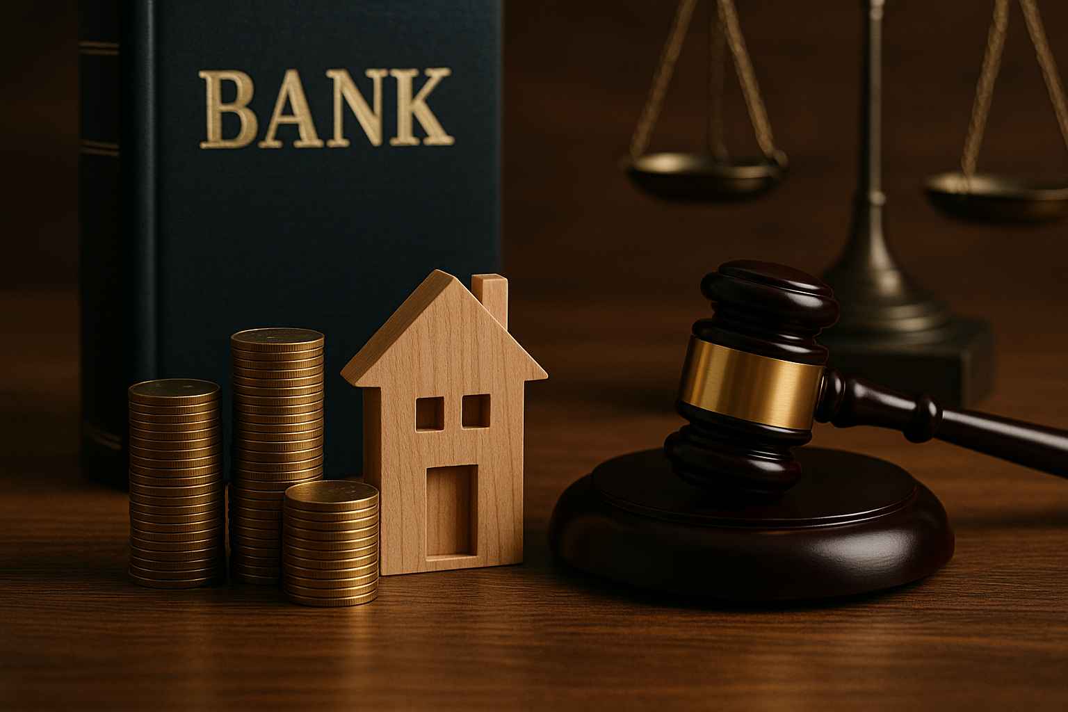 Miniatura de casa ao lado de moedas empilhadas, martelo de juiz e livro com a palavra “BANK”, representando penhora de bens pelo banco e medidas legais para proteger o patrimônio.