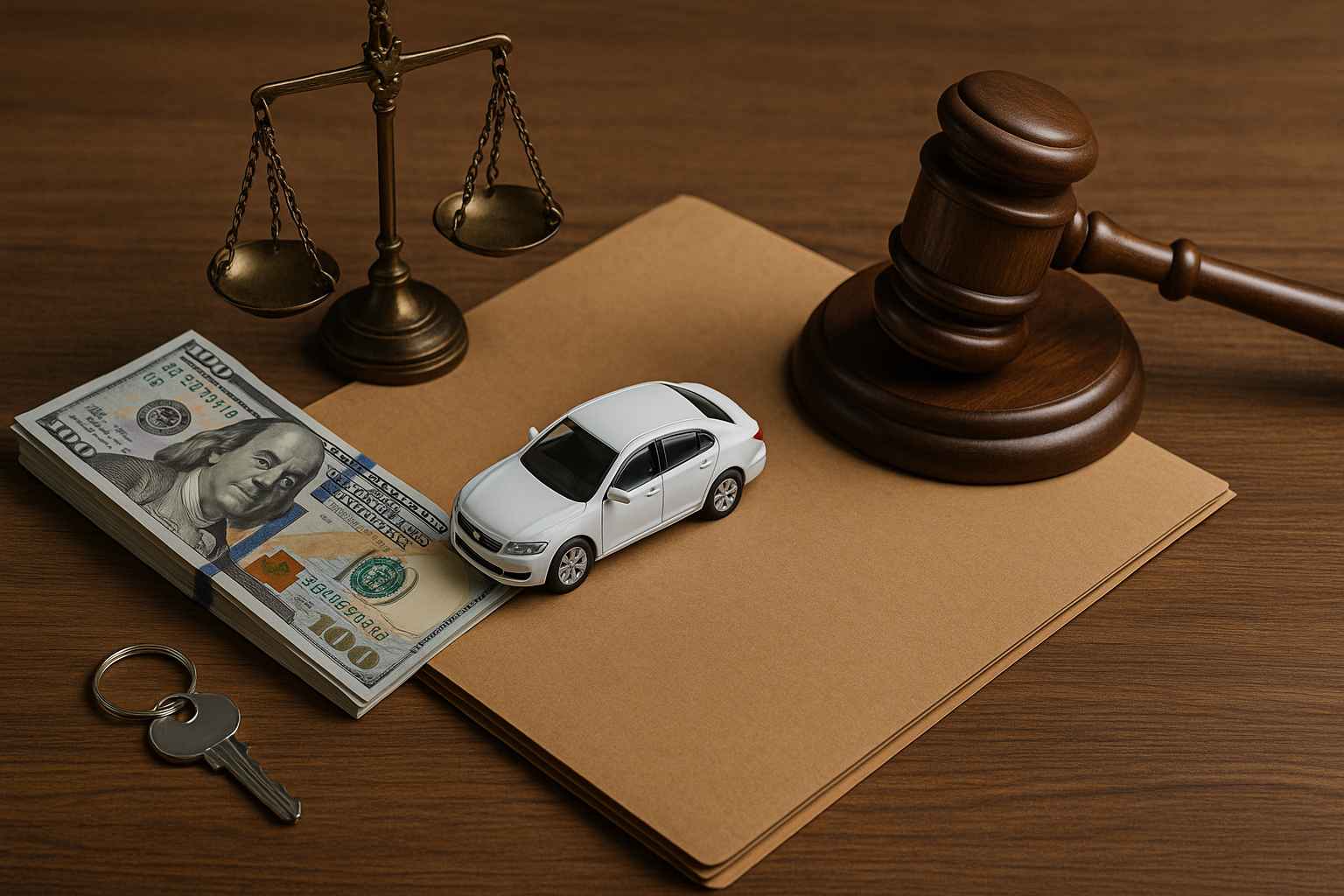 Miniatura de carro branco sobre documentos, ao lado de maço de dólares, chave, balança da justiça e martelo de juiz, representando ações para reverter busca e apreensão de veículo.