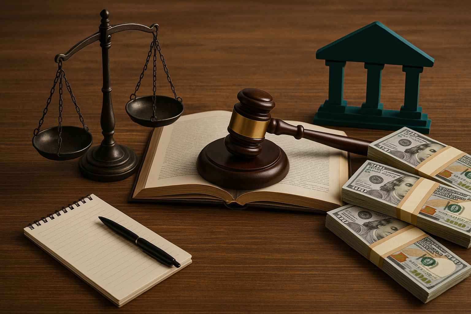 Mesa com balança da justiça, martelo de juiz sobre livro aberto, bloco de notas com caneta, pilhas de dólares e símbolo de instituição financeira, representando negociação com bancos.