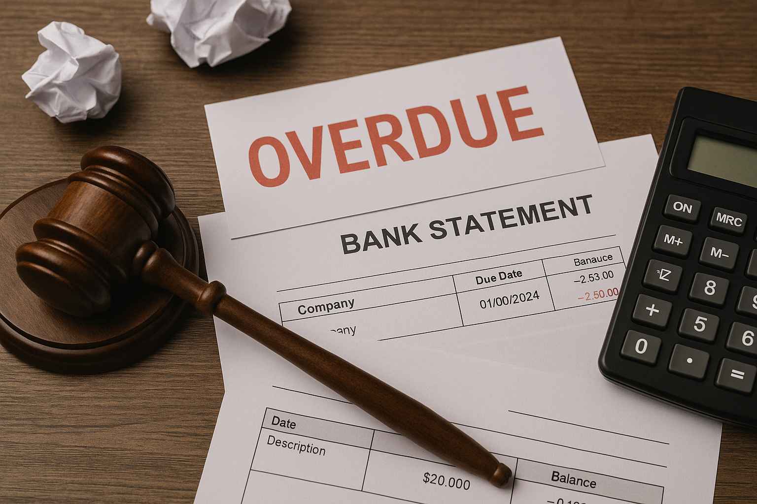 Documento bancário com aviso de atraso “OVERDUE”, martelo jurídico e calculadora, simbolizando dívida bancária atrasada de empresa e consequências legais.