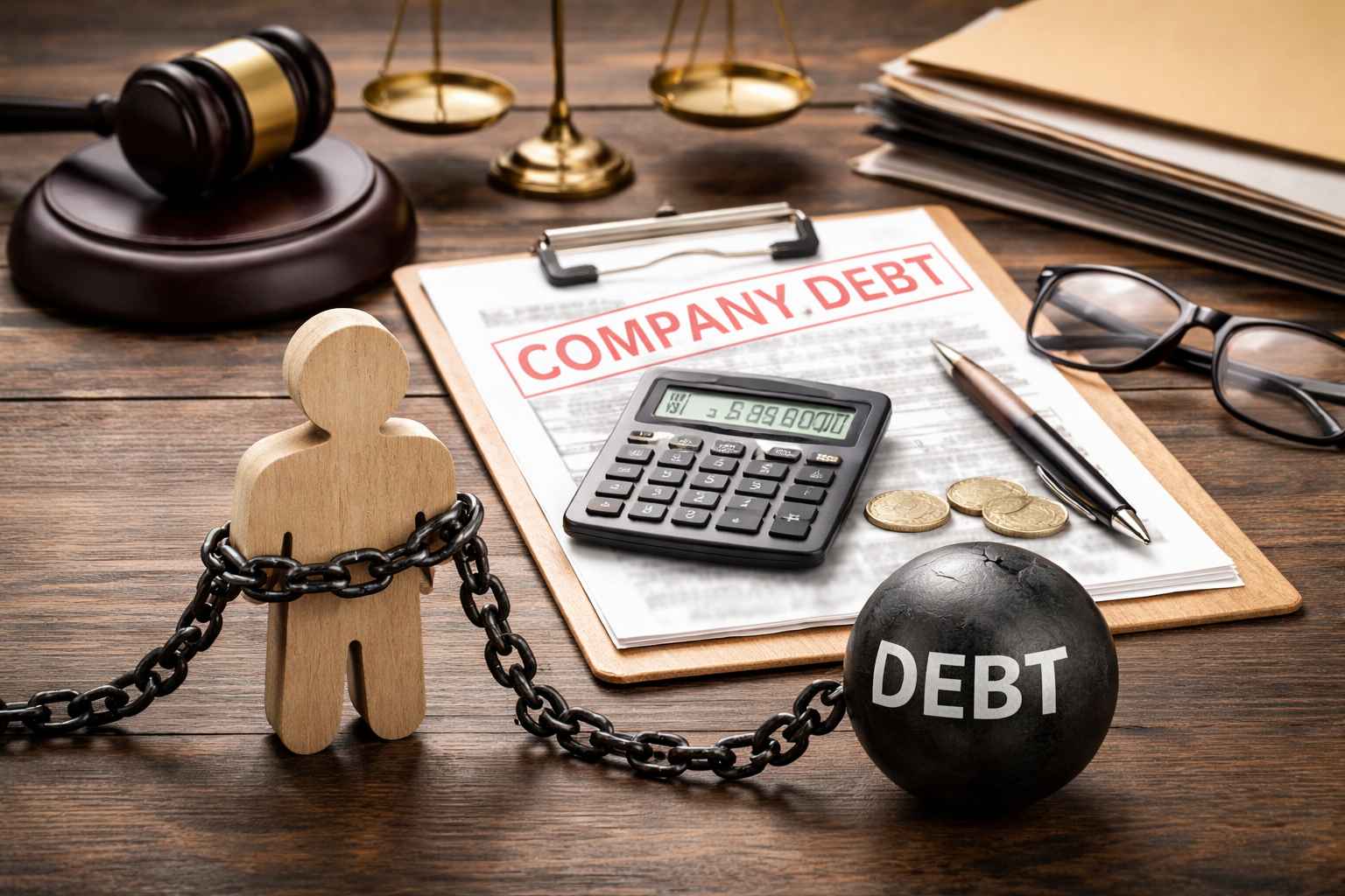 Figura humana de madeira acorrentada a uma bola com a palavra “debt”, ao lado de documentos de dívida empresarial, calculadora, moedas, martelo judicial e balança da justiça, simbolizando a responsabilidade da pessoa física por dívida da empresa.