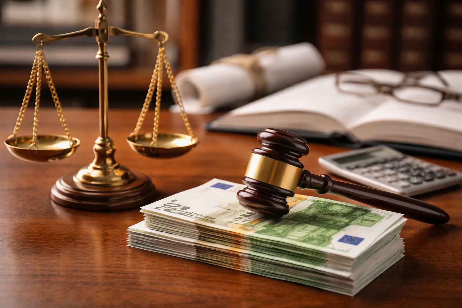 Martelo de juiz apoiado sobre um maço de dinheiro em cima de uma mesa de madeira, com balança da justiça, calculadora e livros ao fundo, representando a execução bancária e a cobrança judicial de dívidas financeiras.