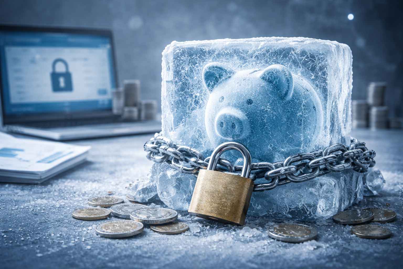 Imagem ilustrativa de conta bloqueada, com cofre e cofre simbólico congelado em gelo, cadeado e correntes, moedas espalhadas e computador ao fundo, representando bloqueio judicial de valores, contas bancárias travadas e impacto financeiro na empresa.