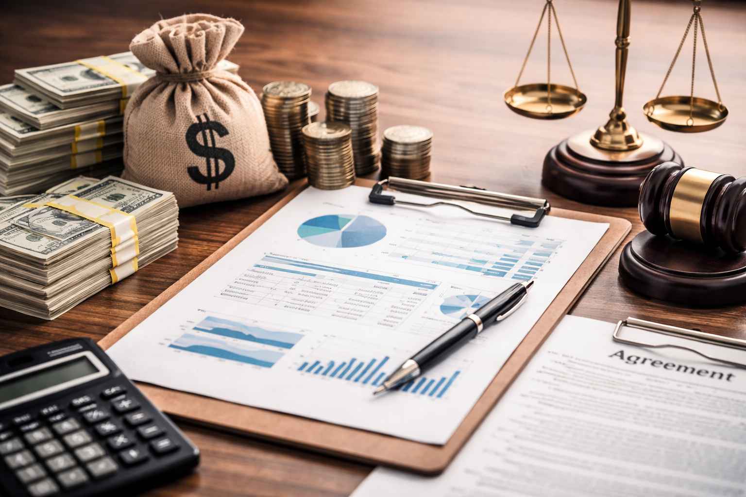 Mesa de negociação financeira com relatórios contábeis, pilhas de dinheiro, moedas, balança da justiça, martelo judicial e contrato, representando negociação de capital de giro atrasado e reestruturação financeira empresarial.