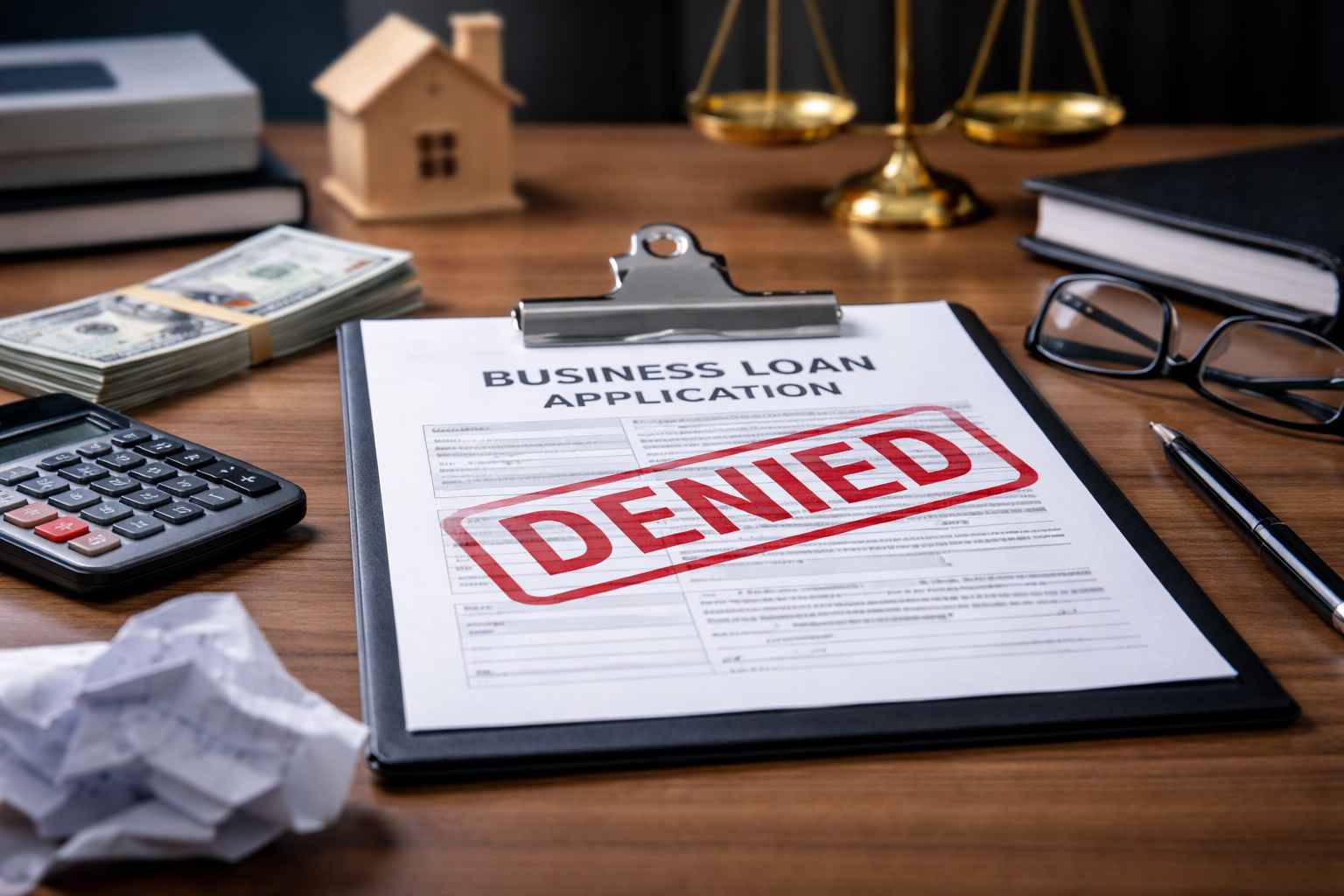 Formulário de empréstimo empresarial com a palavra “DENIED” em destaque, sobre mesa com dinheiro, calculadora, documentos financeiros e símbolos jurídicos, representando crédito empresarial negado.
