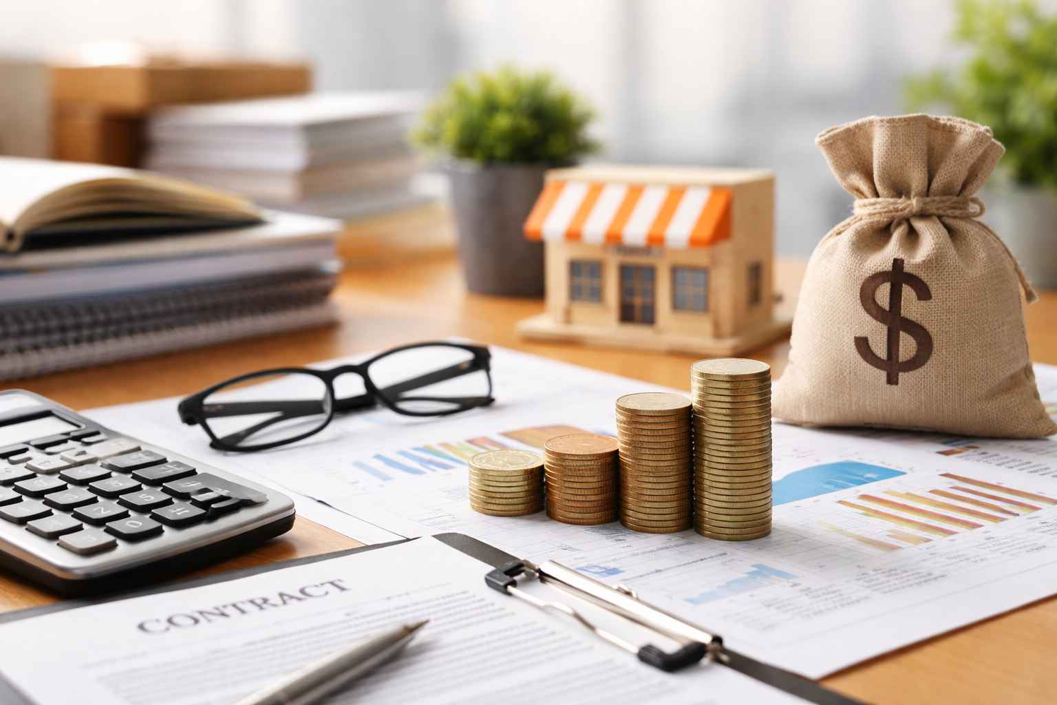 Mesa com documentos financeiros, contrato, calculadora, pilhas de moedas e saco de dinheiro, representando a renegociação de capital de giro empresarial e reorganização financeira.