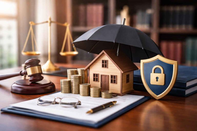 Imagem representando proteção do patrimônio do sócio com casa protegida por guarda-chuva e escudo, ao lado de moedas e símbolos jurídicos.
