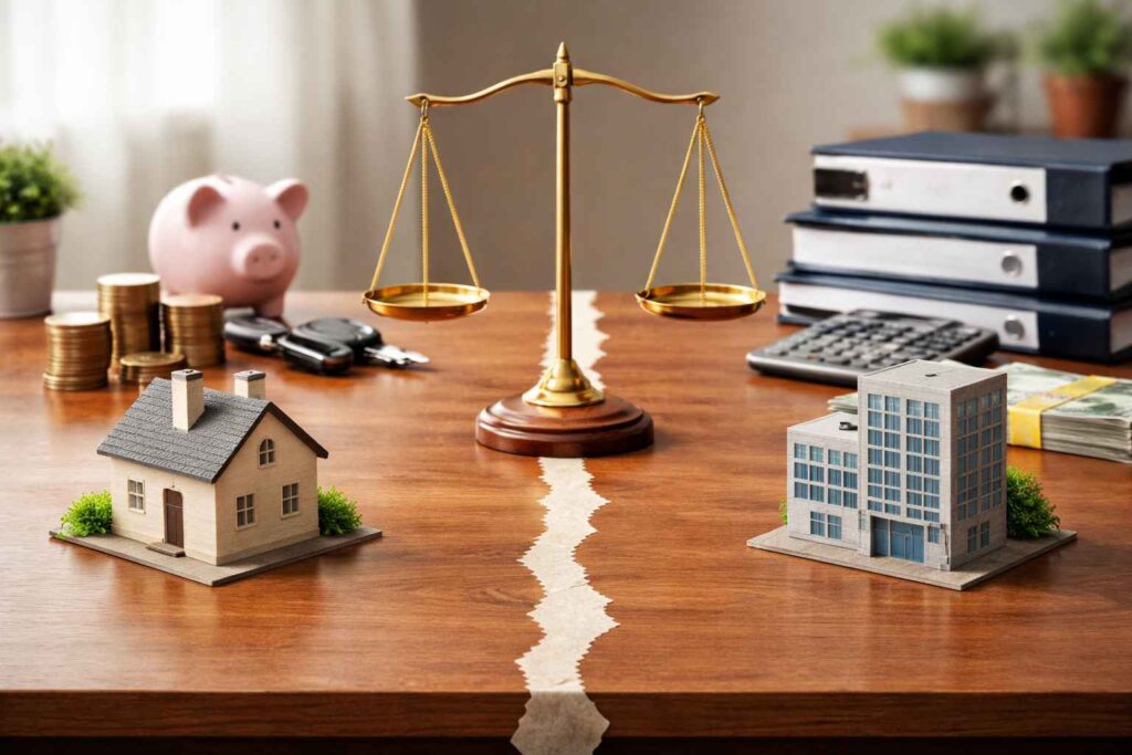 Imagem representando separação entre patrimônio pessoal e empresarial, com casa e prédio empresarial divididos por linha central e balança da justiça ao fundo.