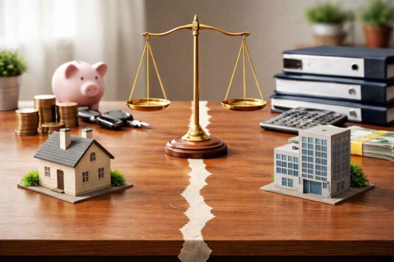 Imagem representando separação entre patrimônio pessoal e empresarial, com casa e prédio empresarial divididos por linha central e balança da justiça ao fundo.