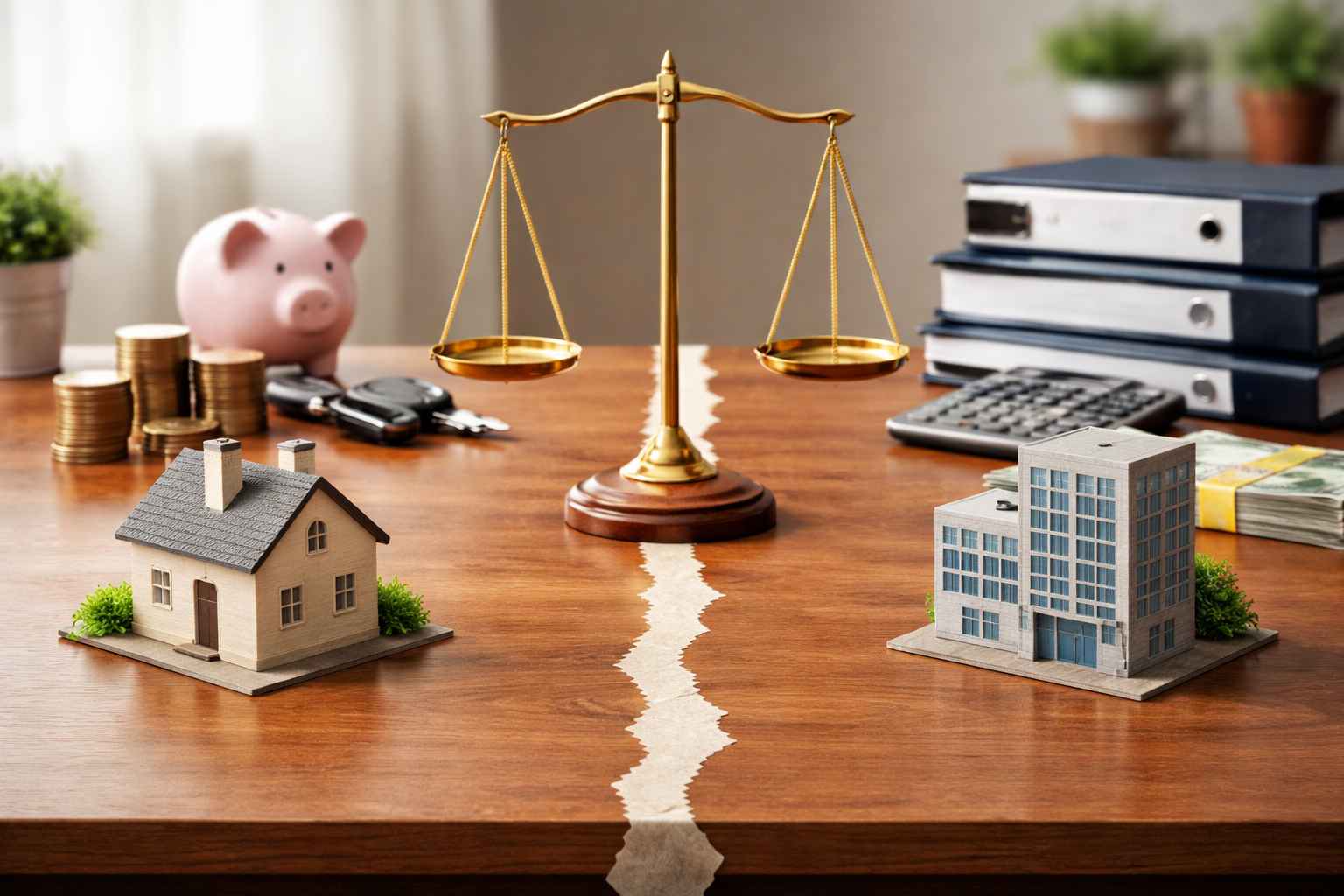 Imagem representando separação entre patrimônio pessoal e empresarial, com casa e prédio empresarial divididos por linha central e balança da justiça ao fundo.