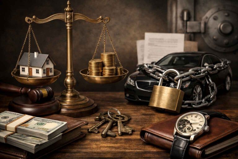 Imagem representando possível penhora de bens pessoais por dívidas empresariais, com balança da justiça, dinheiro, casa e carro acorrentado simbolizando risco patrimonial.
