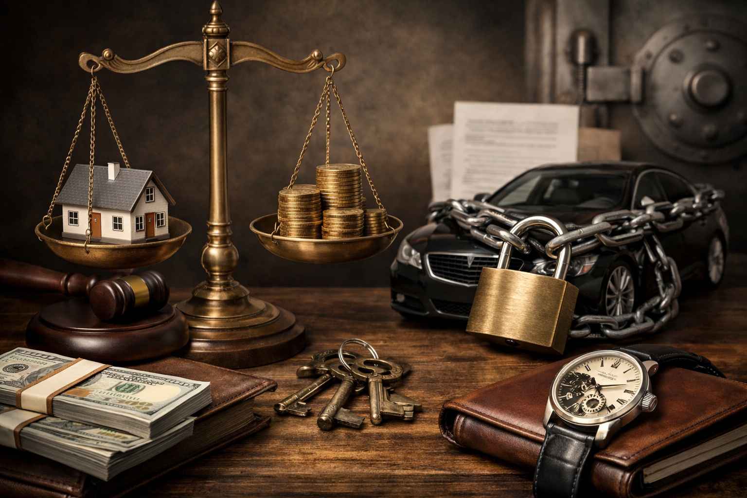 Imagem representando possível penhora de bens pessoais por dívidas empresariais, com balança da justiça, dinheiro, casa e carro acorrentado simbolizando risco patrimonial.
