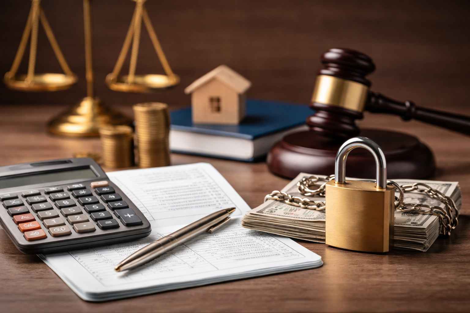 Imagem representando bloqueio de conta bancária por dívida, com dinheiro preso por cadeado, calculadora e elementos jurídicos.