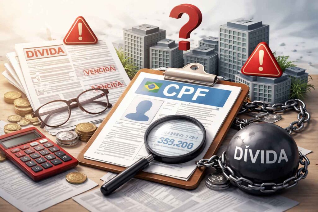 Documento de CPF com lupa, papéis de dívida e símbolos de alerta, indicando relação entre dívida empresarial e pessoa física.