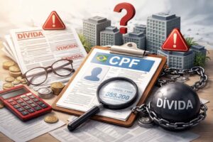 Documento de CPF com lupa, papéis de dívida e símbolos de alerta, indicando relação entre dívida empresarial e pessoa física.