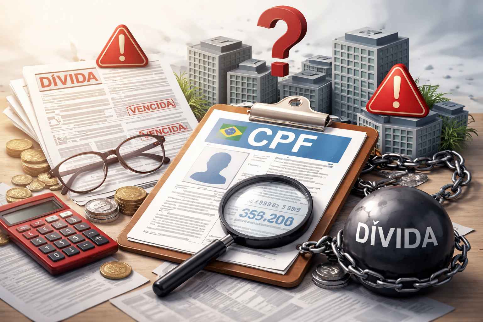 Documento de CPF com lupa, papéis de dívida e símbolos de alerta, indicando relação entre dívida empresarial e pessoa física.