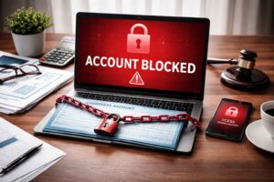Notebook com mensagem de conta bloqueada e cadeado sobre documentos, simbolizando bloqueio de conta de empresa.