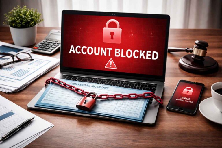 Notebook com mensagem de conta bloqueada e cadeado sobre documentos, simbolizando bloqueio de conta de empresa.