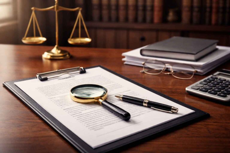 Contrato empresarial com lupa em destaque sobre documento, simbolizando revisão contratual.