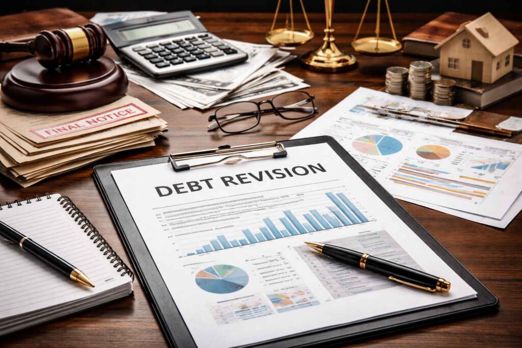 Documento de revisão de dívida empresarial com gráficos financeiros, simbolizando ação revisional.