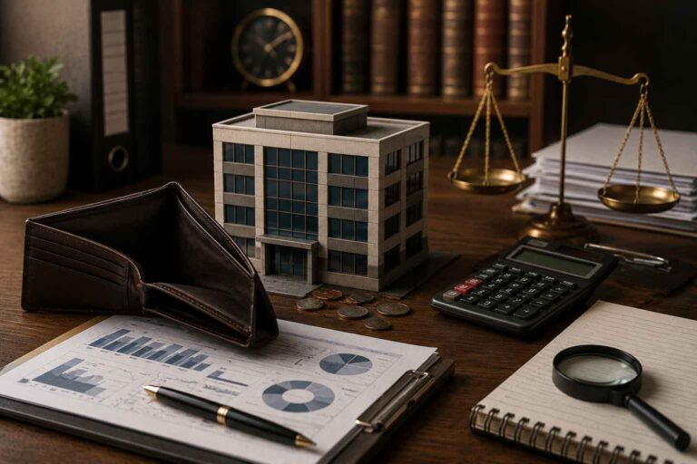 Carteira vazia ao lado de documentos financeiros e prédio empresarial, representando capital de giro insuficiente.