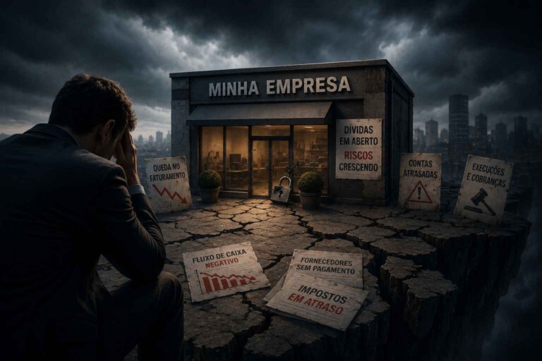 Empresa isolada sobre uma pequena plataforma cercada por rachaduras e escuridão, simbolizando a insegurança e o risco financeiro enfrentado por empresários em momentos de crise.