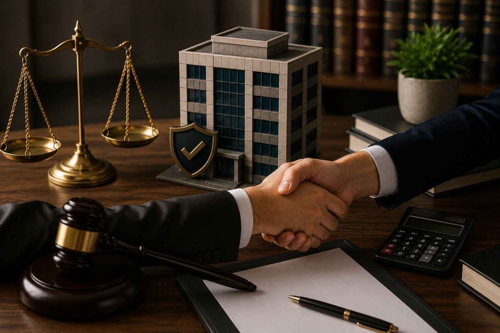 Empresários apertando as mãos em uma mesa de escritório com elementos jurídicos e financeiros ao fundo, representando solução para dívida PJ e renegociação empresarial.