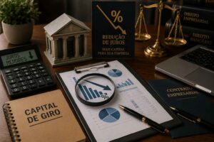 Mesa corporativa com documentos financeiros, calculadora, gráficos de queda de juros e elementos jurídicos representando redução de juros do capital de giro empresarial.