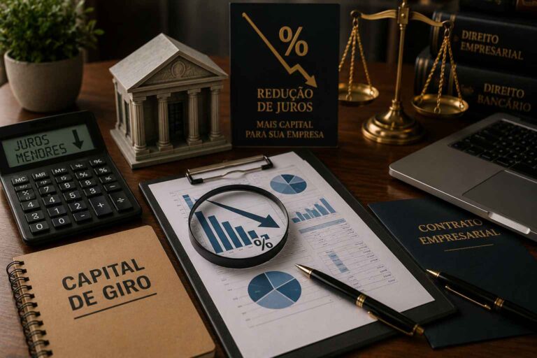 Mesa corporativa com documentos financeiros, calculadora, gráficos de queda de juros e elementos jurídicos representando redução de juros do capital de giro empresarial.