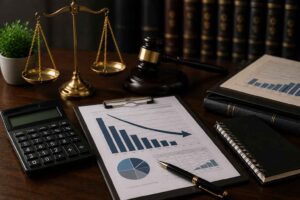 Mesa corporativa com gráficos financeiros de queda, calculadora e elementos jurídicos representando análise para redução de juros de contratos empresariais.