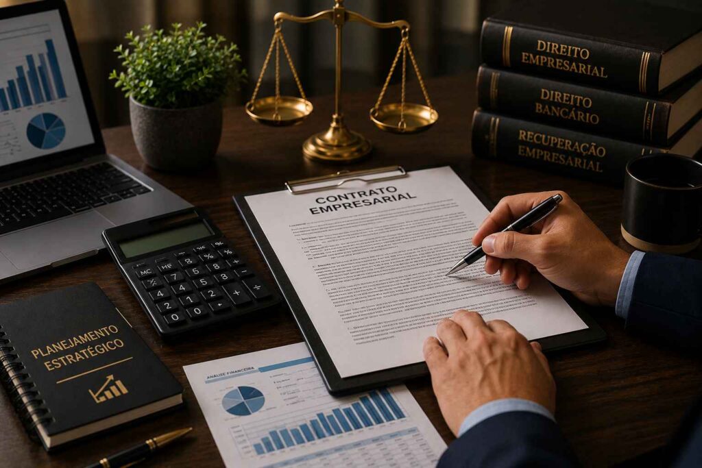 Mesa de escritório com contrato empresarial, calculadora, documentos financeiros e elementos jurídicos representando revisão contratual para empresas.