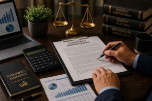 Mesa de escritório com contrato empresarial, calculadora, documentos financeiros e elementos jurídicos representando revisão contratual para empresas.