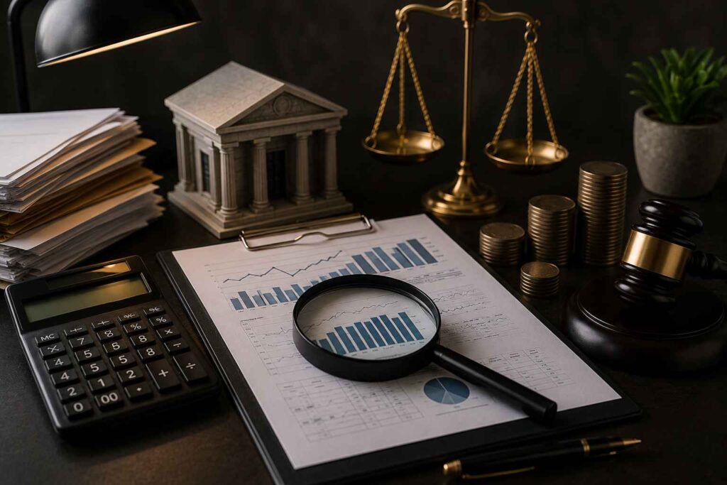 Mesa corporativa com documentos financeiros, lupa, calculadora e elementos jurídicos representando aumento de dívida após acordo bancário empresarial.