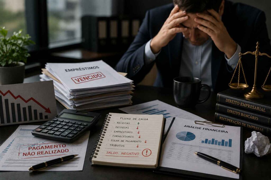 Empresário preocupado em escritório cercado por documentos financeiros, gráficos negativos e contratos de empréstimos empresariais vencidos.