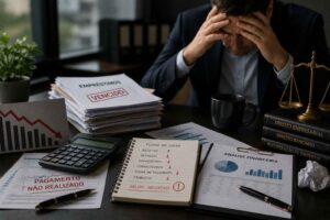 Empresário preocupado em escritório cercado por documentos financeiros, gráficos negativos e contratos de empréstimos empresariais vencidos.