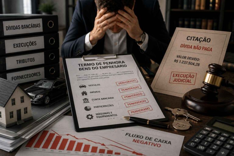 Mesa com documentos jurídicos, gráfico financeiro negativo, chave de imóvel, calculadora e elementos ligados à penhora de bens do empresário por dívidas empresariais.
