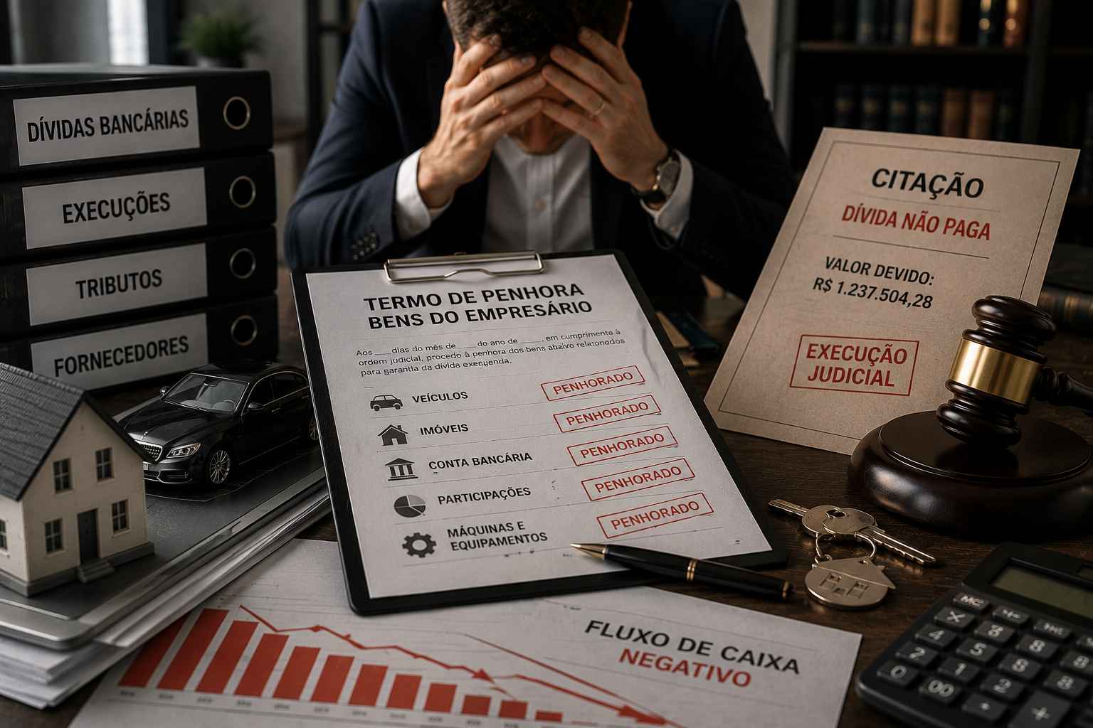 Mesa com documentos jurídicos, gráfico financeiro negativo, chave de imóvel, calculadora e elementos ligados à penhora de bens do empresário por dívidas empresariais.