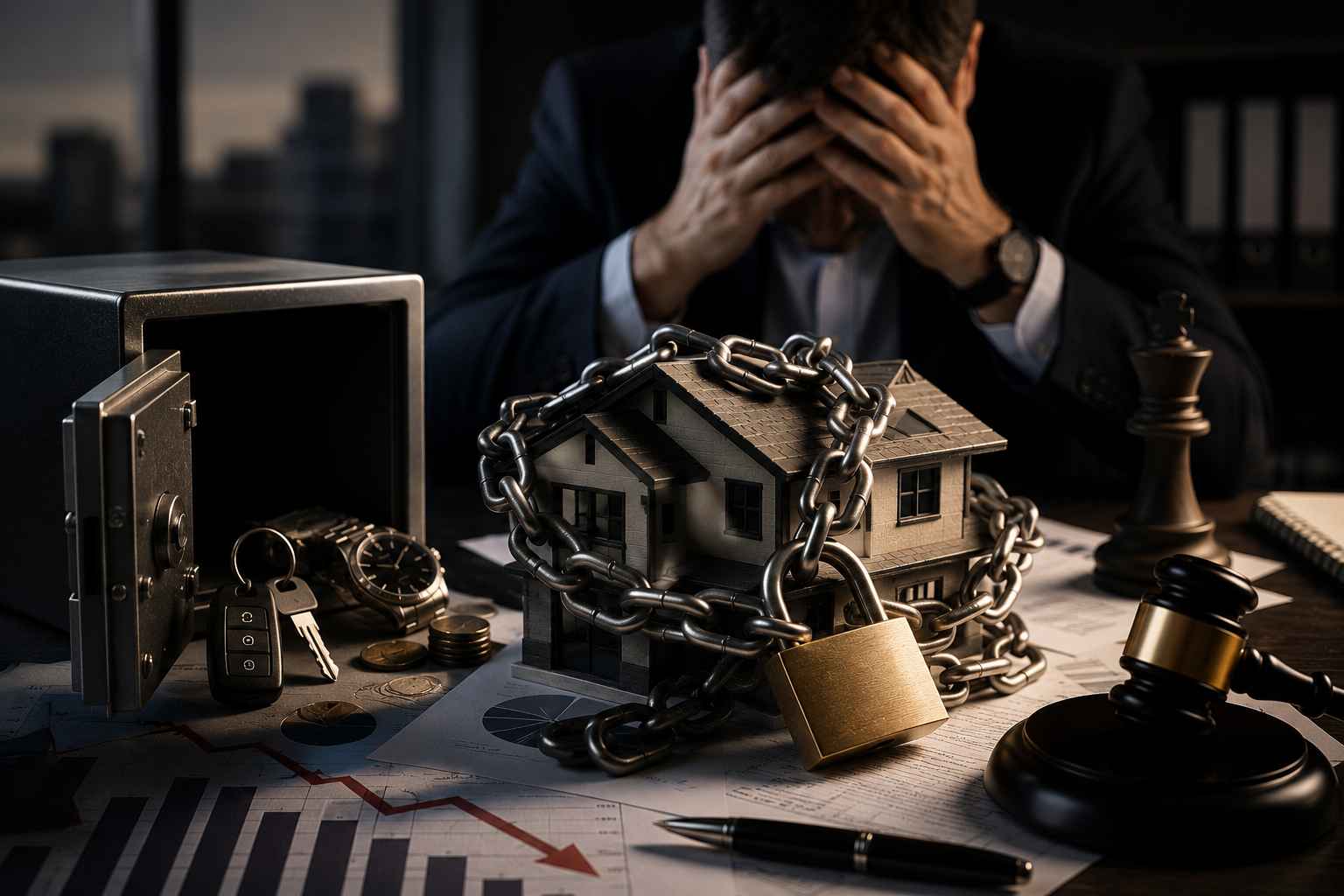 Casa acorrentada sobre mesa de escritório ao lado de cofre aberto, documentos financeiros e empresário preocupado ao fundo, representando bloqueio de bens por dívida empresarial.
