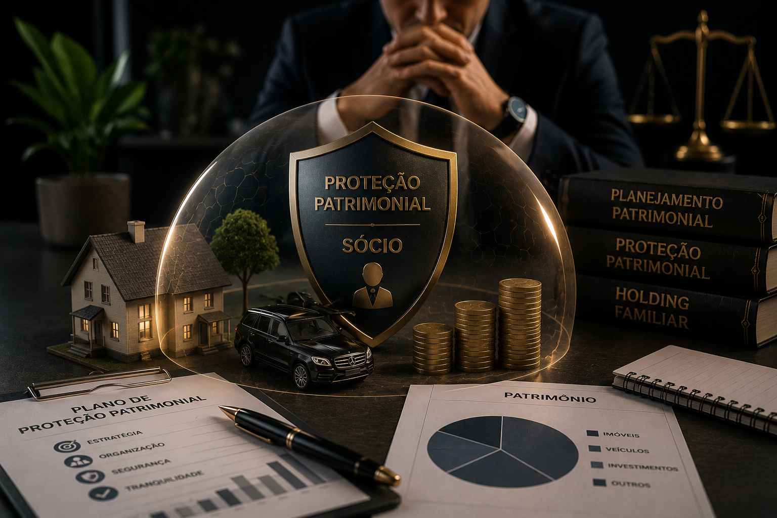 Casa, carro e patrimônio protegidos por escudo transparente em ambiente corporativo sofisticado, representando proteção patrimonial do sócio.