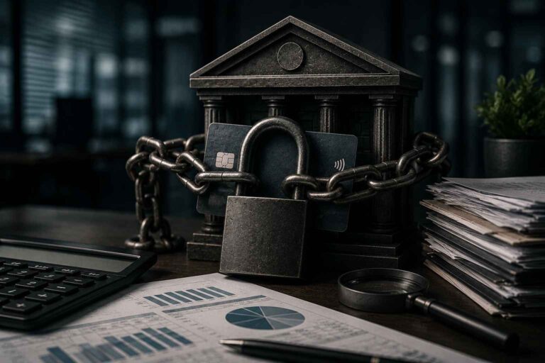 Cofre bancário envolvido por correntes e cadeado sobre documentos financeiros, simbolizando o bloqueio de recursos e a restrição de acesso à conta empresarial.