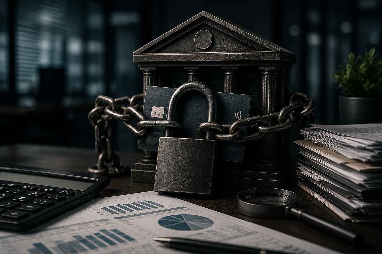 Cofre bancário envolvido por correntes e cadeado sobre documentos financeiros, simbolizando o bloqueio de recursos e a restrição de acesso à conta empresarial.